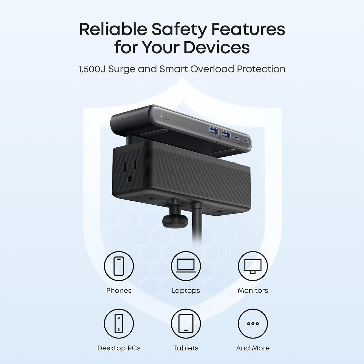 Anker Nano Power Strip with Desk Clamp – 10-in-1, 70W USB-C, 1500J Surge Protector