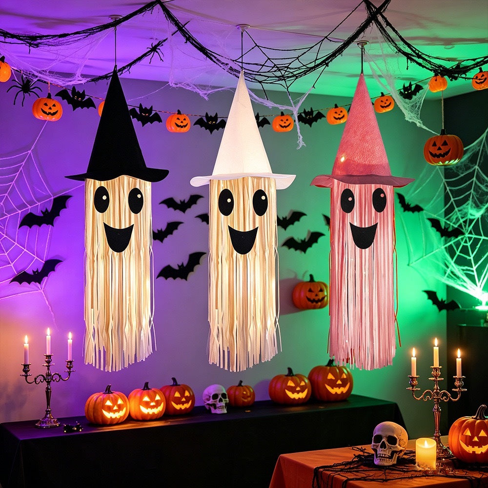 Glowing Ghost with Witch Hat – LED Hanging Halloween Decoration
