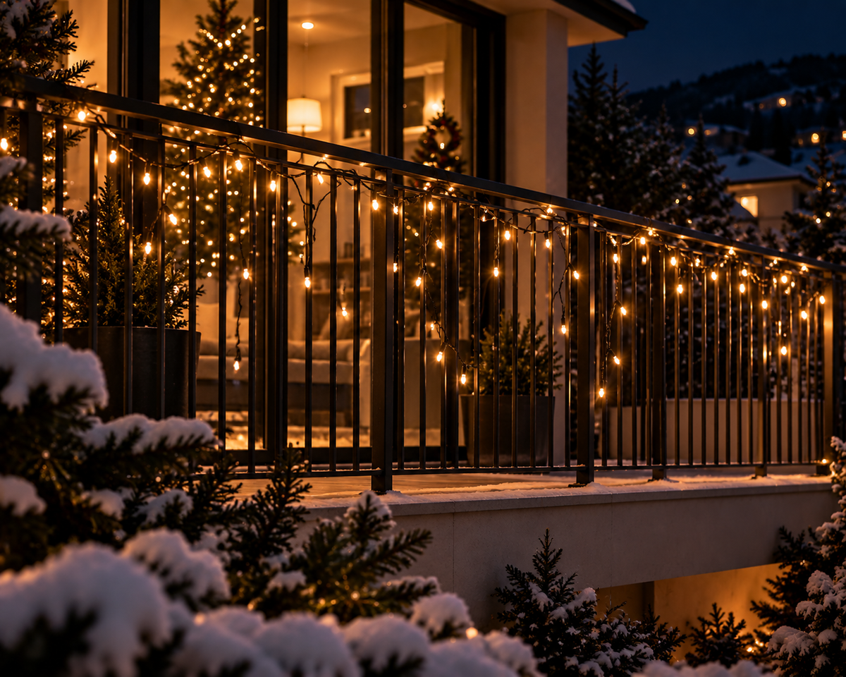 Snowy balcony with animated Christmas lights
