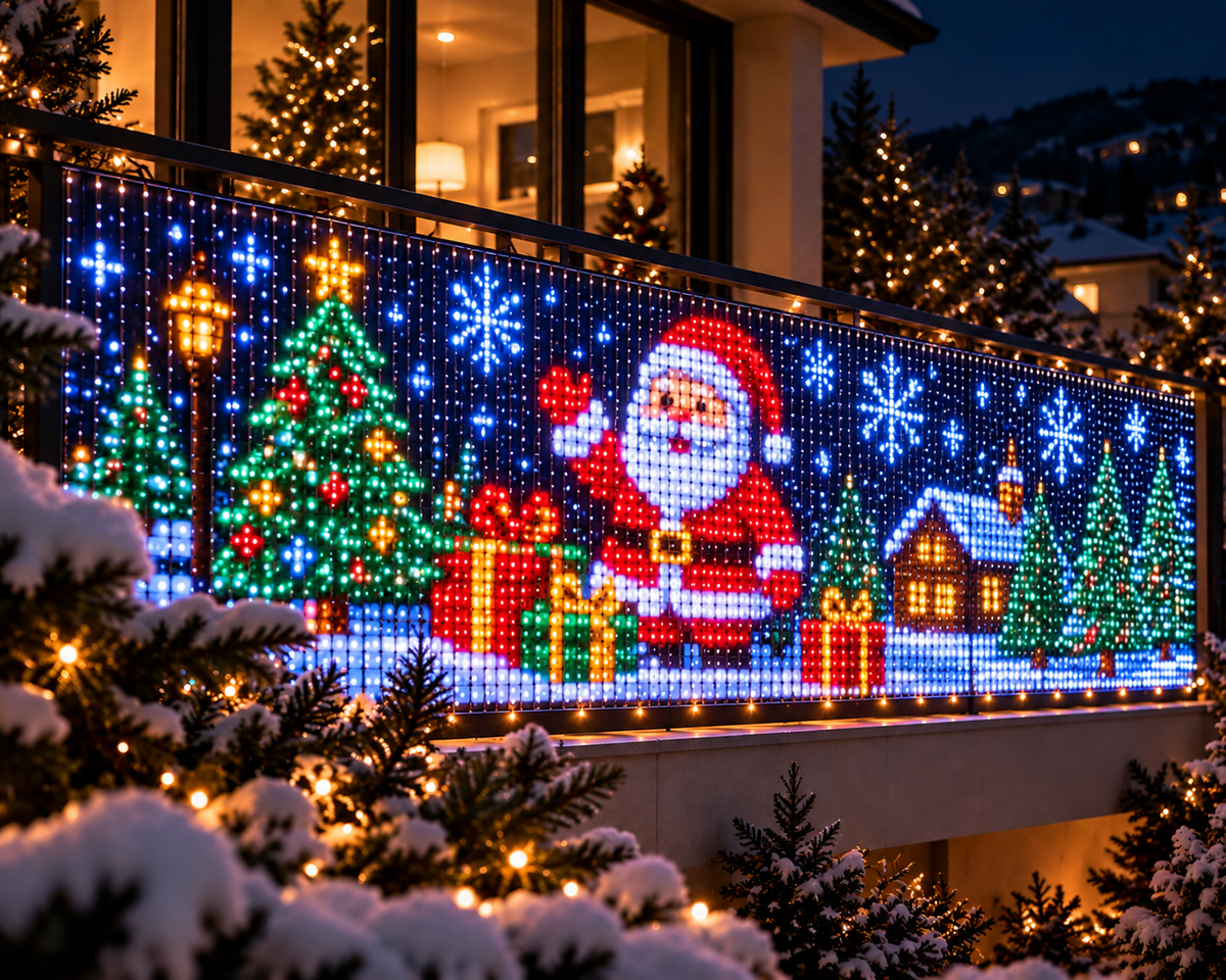 Balcony lit up for Christmas