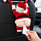 Santa plush tissue holder on car headrest