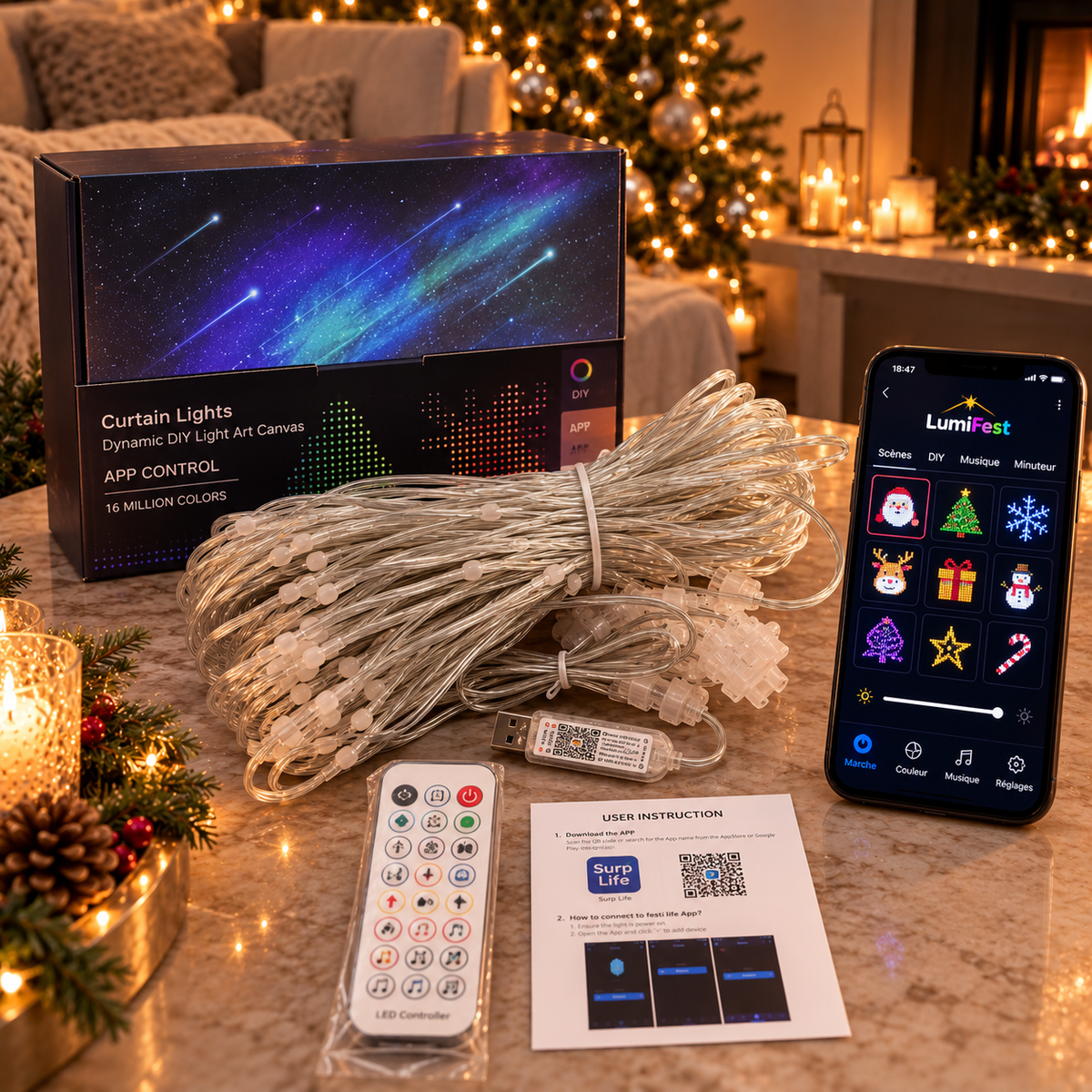 LED curtain kit in its gift box