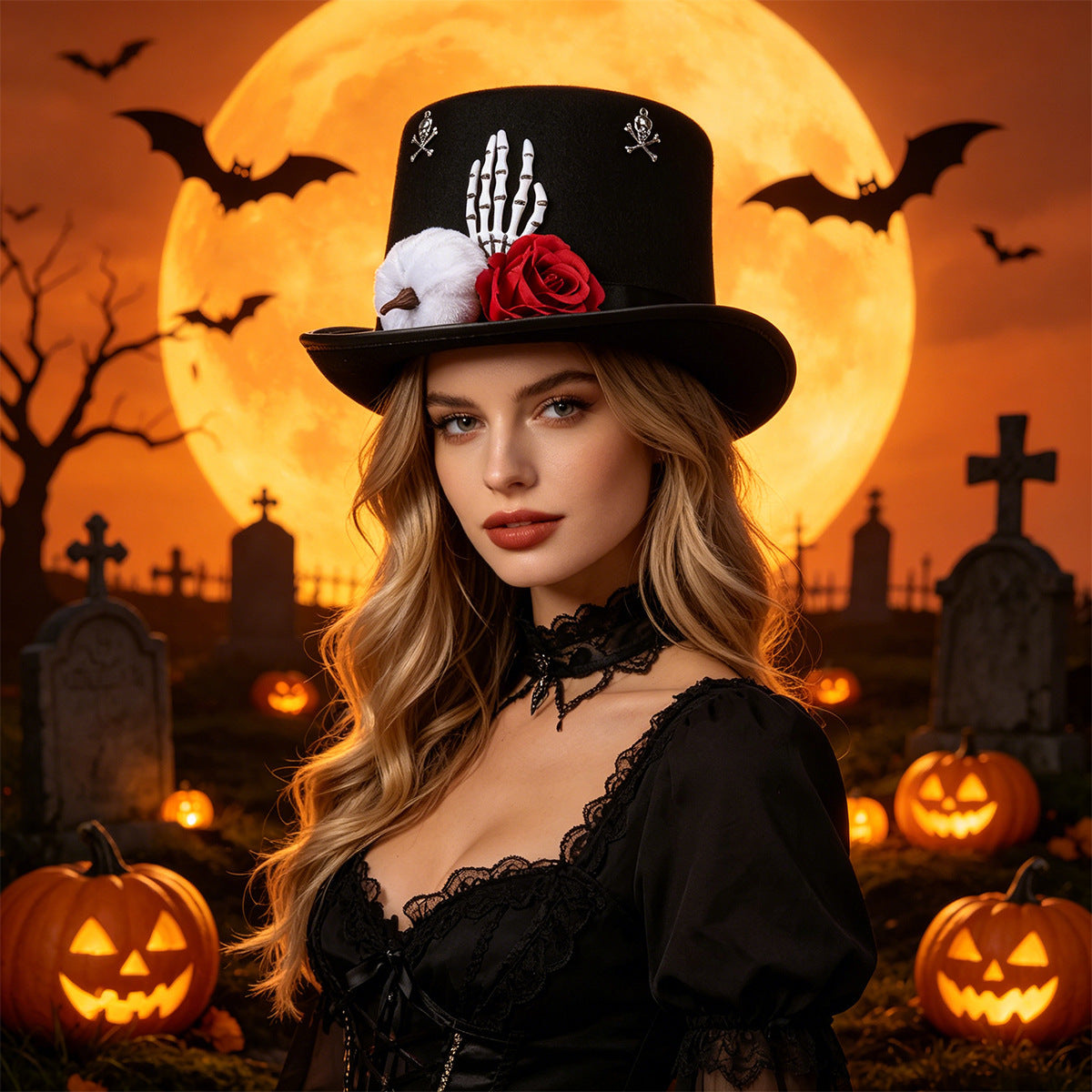 Gothic Skull & Rose Top Hat – Halloween Costume Hat