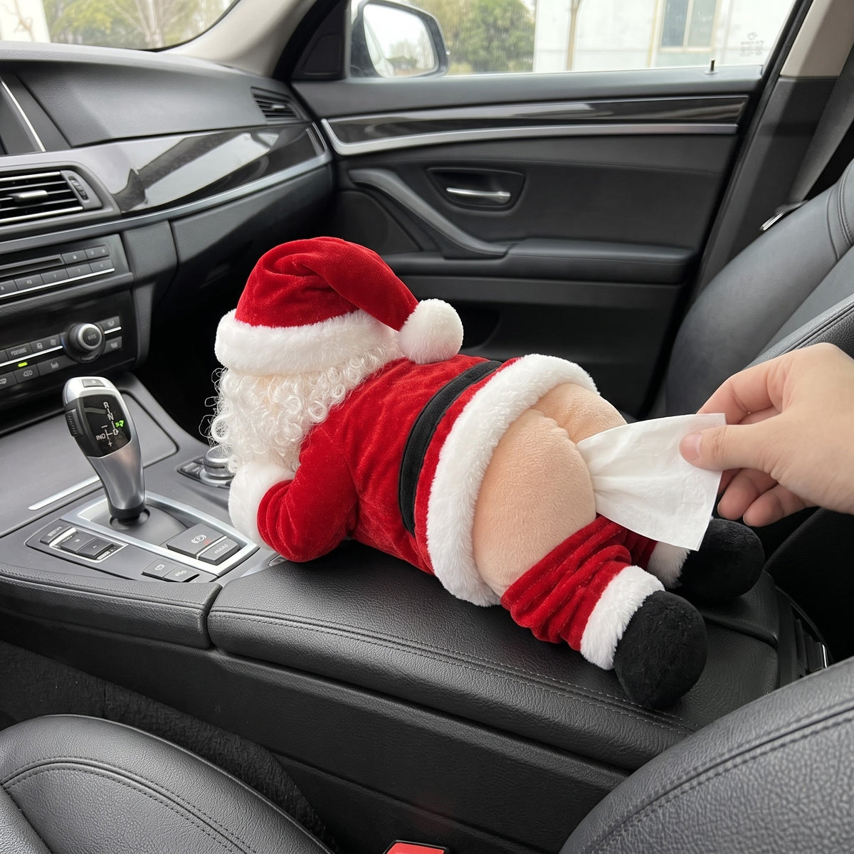 Santa tissue holder hanging in the car