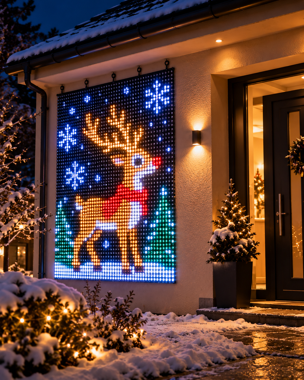 Reindeer design on a snowy house