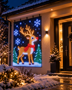 Reindeer design on a snowy house