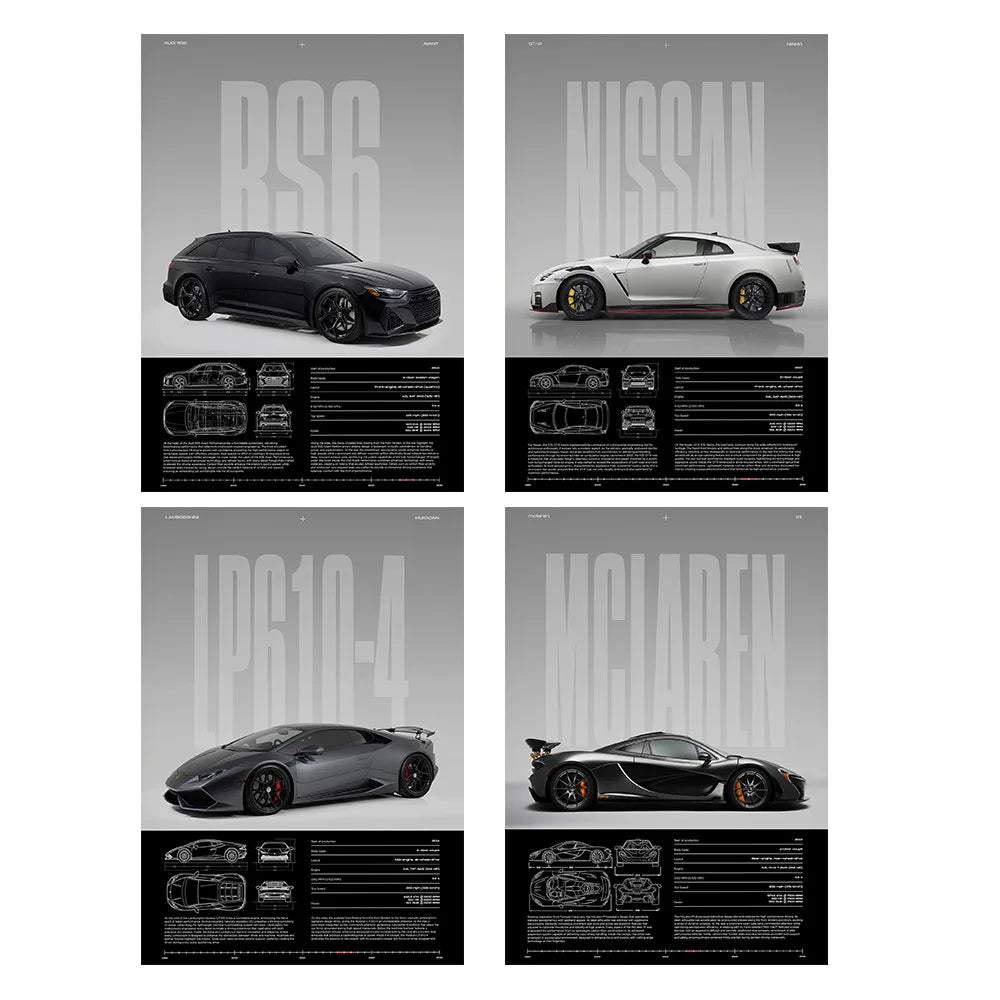 Performance Sports Car Canvas Wall Art – Minimalist Race Car Poster Prints (Unframed)