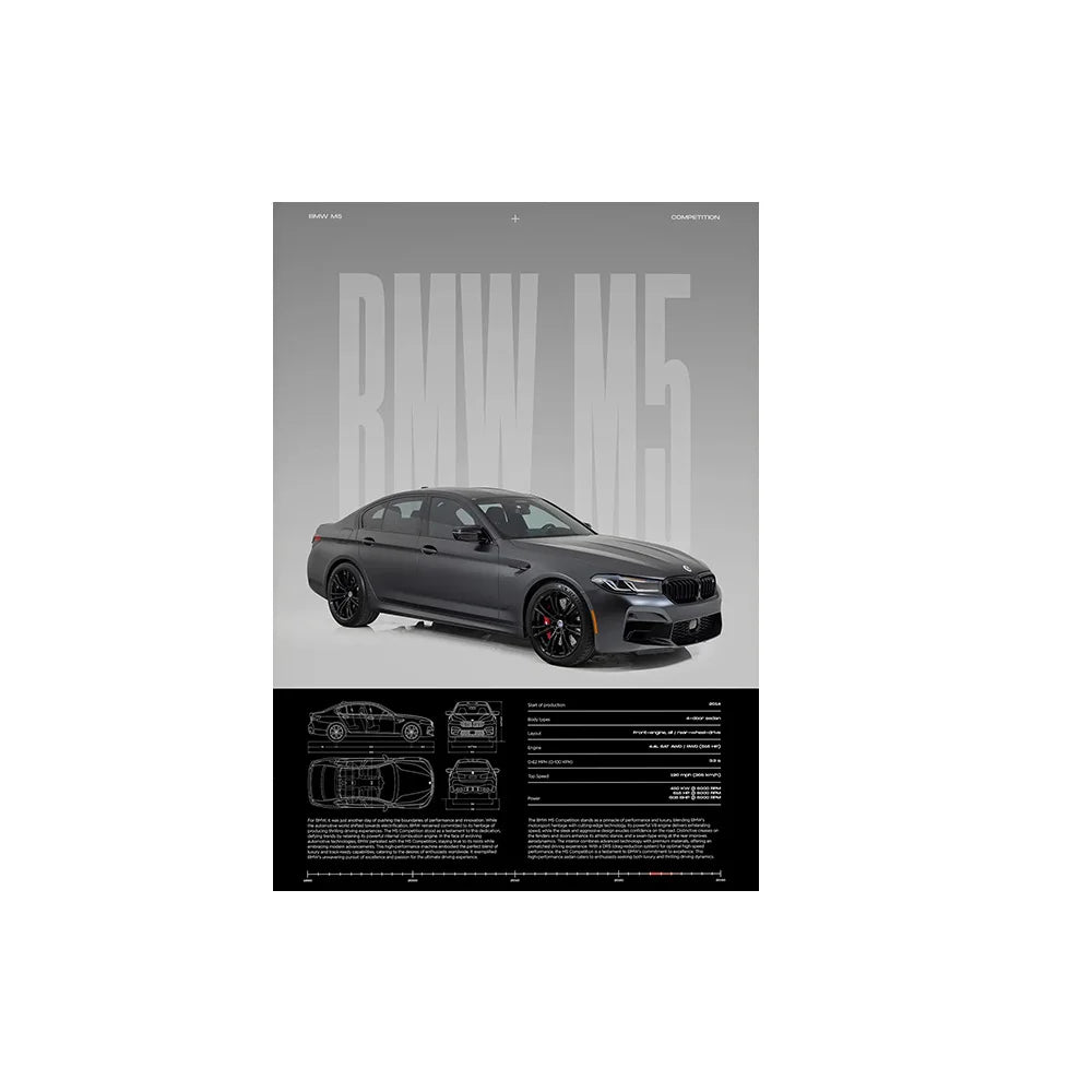 Performance Sports Car Canvas Wall Art – Minimalist Race Car Poster Prints (Unframed) - BMW M5 – Gray / 8" × 12" (20 × 30 cm)