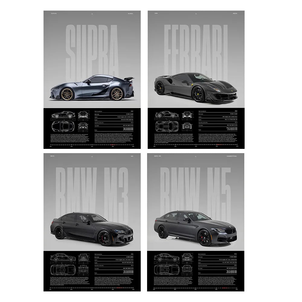 Performance Sports Car Canvas Wall Art – Minimalist Race Car Poster Prints (Unframed)