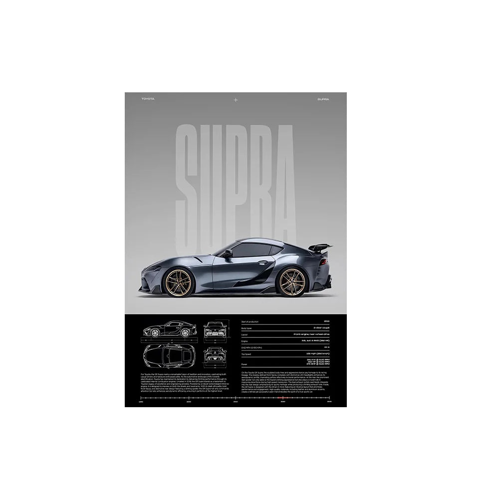 Performance Sports Car Canvas Wall Art – Minimalist Race Car Poster Prints (Unframed) - Supra – Blue Gray / 8" × 12" (20 × 30 cm)