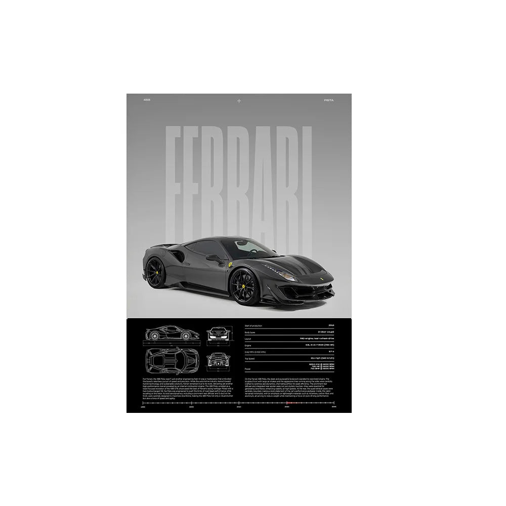 Performance Sports Car Canvas Wall Art – Minimalist Race Car Poster Prints (Unframed) - Ferrari – Gray / 8" × 12" (20 × 30 cm)