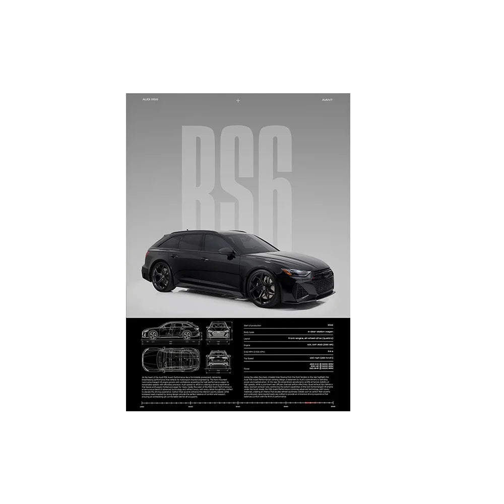 Performance Sports Car Canvas Wall Art – Minimalist Race Car Poster Prints (Unframed) - RS6 – Black / 8" × 12" (20 × 30 cm)