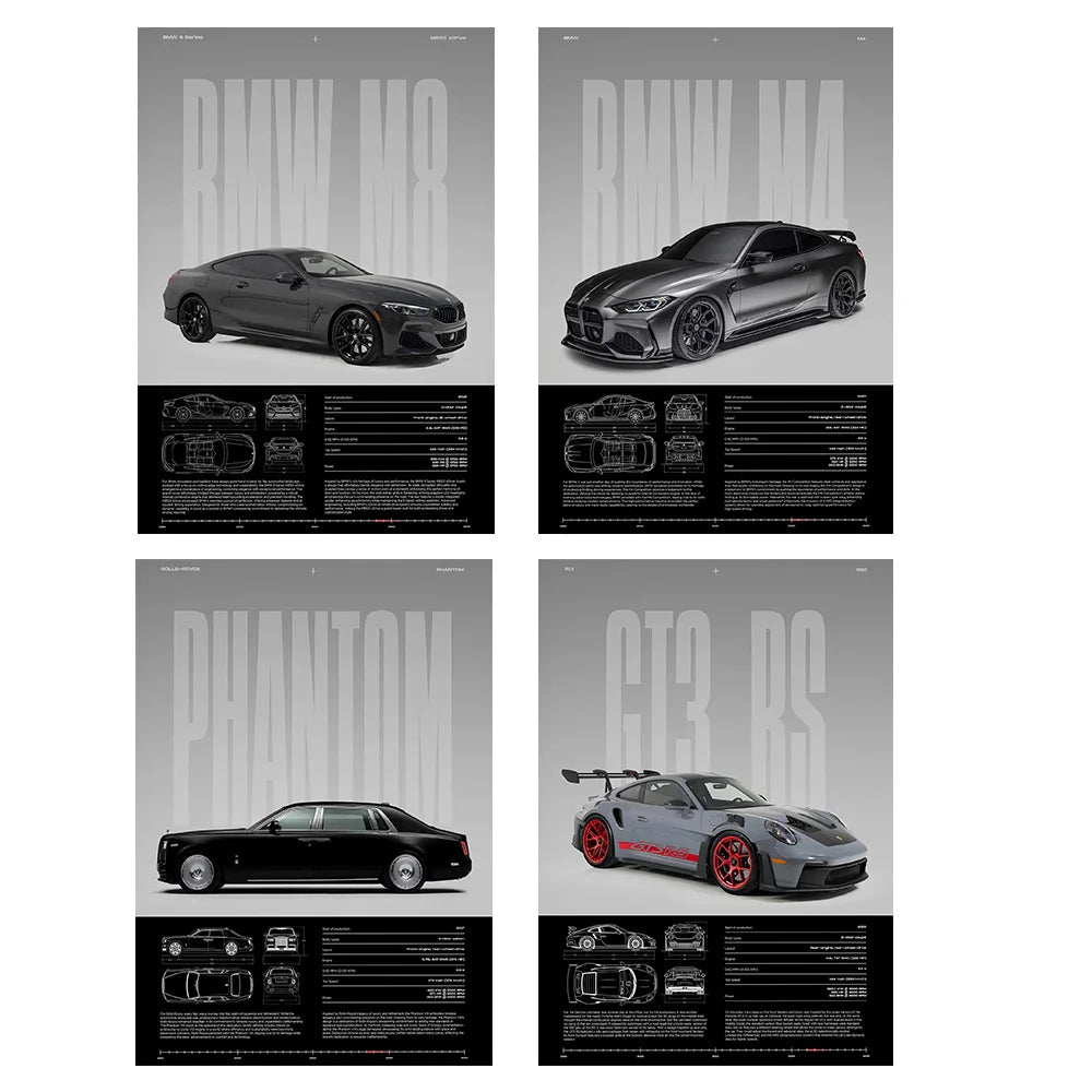 Performance Sports Car Canvas Wall Art – Minimalist Race Car Poster Prints (Unframed)