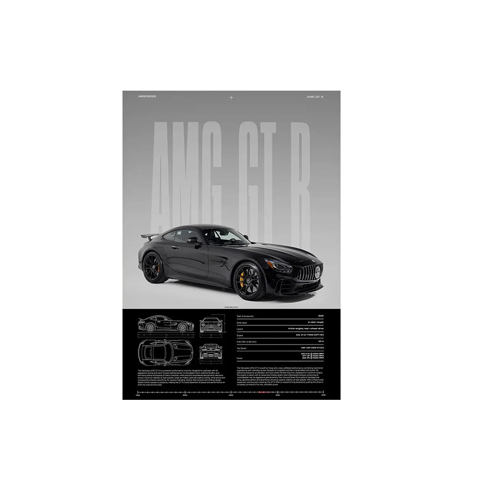 Performance Sports Car Canvas Wall Art – Minimalist Race Car Poster Prints (Unframed) - AMG GT R – Black / 8" × 12" (20 × 30 cm)