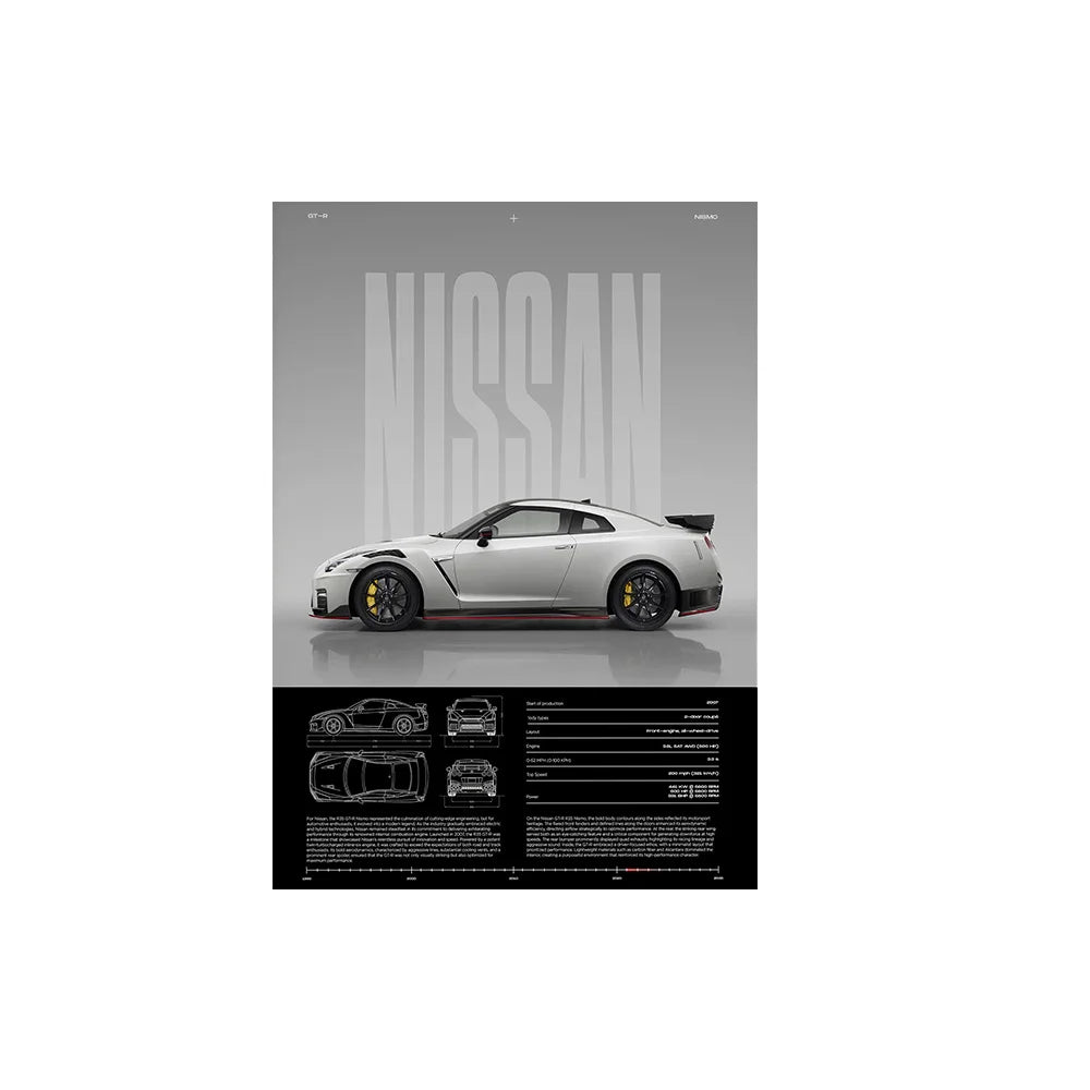Performance Sports Car Canvas Wall Art – Minimalist Race Car Poster Prints (Unframed) - Nissan GT-R – White / 8" × 12" (20 × 30 cm)