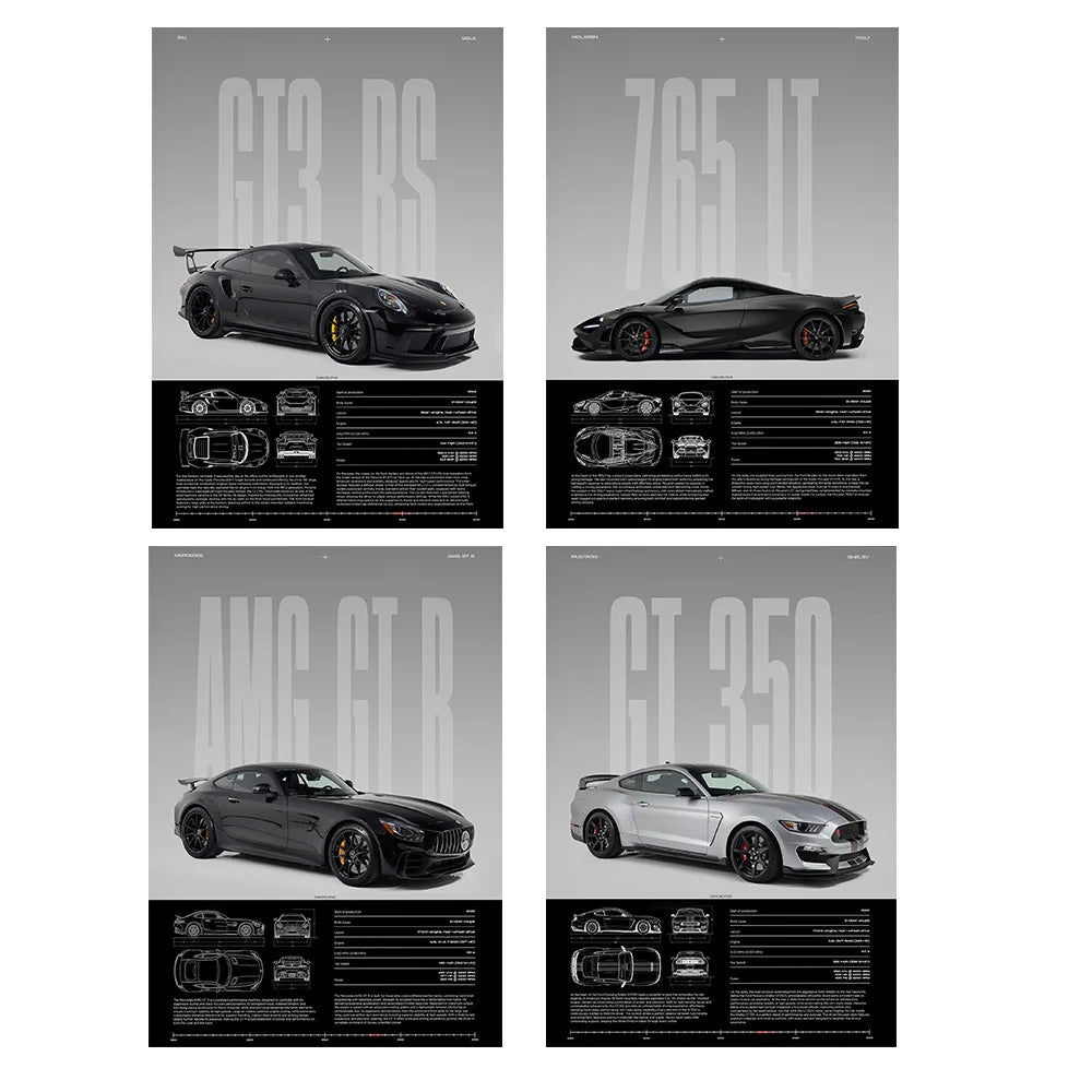 Performance Sports Car Canvas Wall Art – Minimalist Race Car Poster Prints (Unframed)