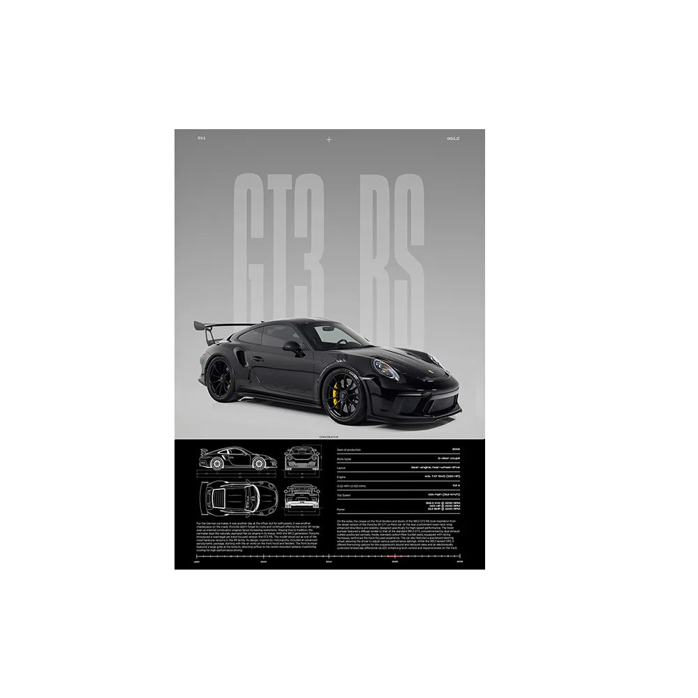 Performance Sports Car Canvas Wall Art – Minimalist Race Car Poster Prints (Unframed) - GT3 RS – Black / 8" × 12" (20 × 30 cm)