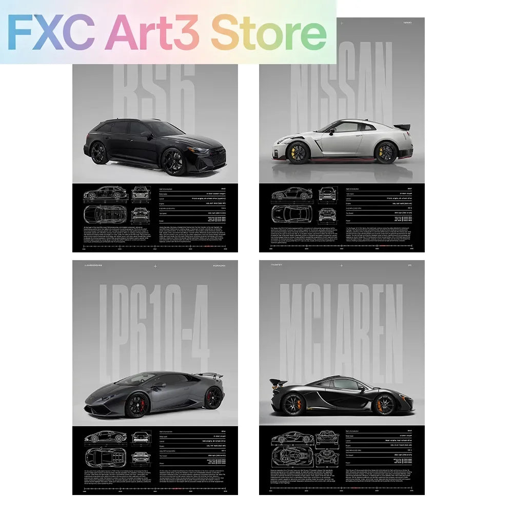Performance Sports Car Canvas Wall Art – Minimalist Race Car Poster Prints (Unframed)