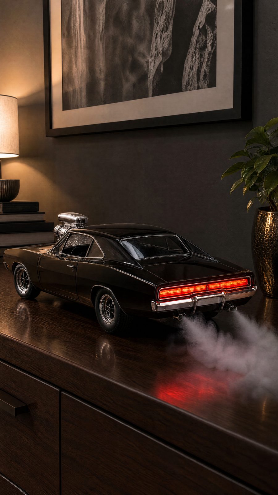 Black Charger Mist Car – LED Humidifier with Exhaust Smoke Effect