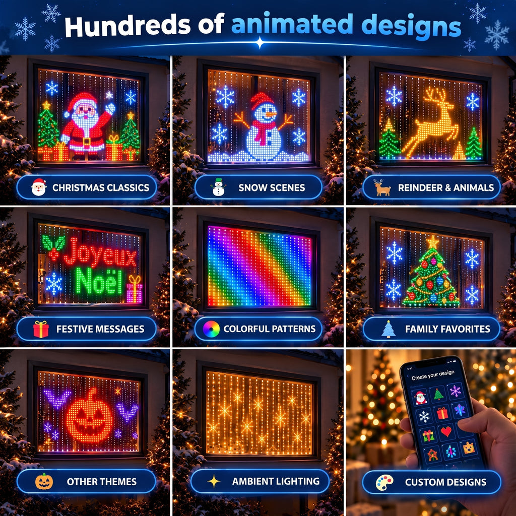 Hundreds of animated designs: Santa, snowman, reindeer, messages, tree, Halloween