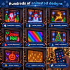 Hundreds of animated designs: Santa, snowman, reindeer, messages, tree, Halloween