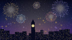 Fireworks over a city skyline at midnight on New Year's Eve