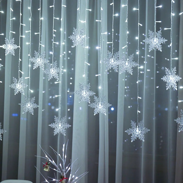 Cool white snowflake curtain lights on sheer curtains