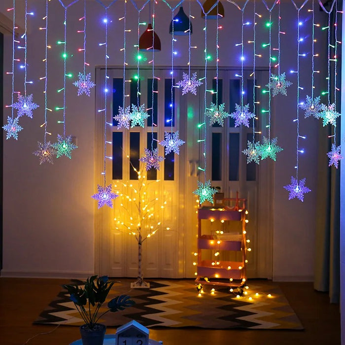 Multicolor snowflake curtain lights in a living room