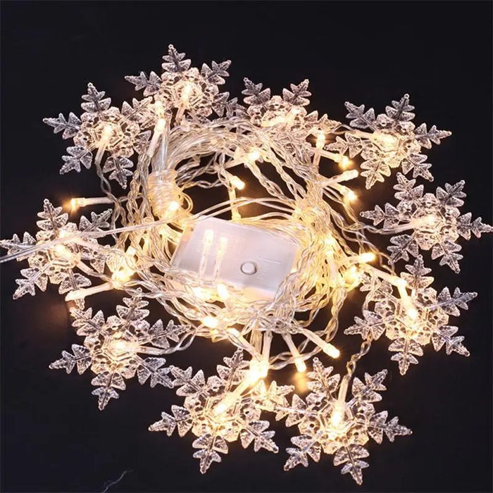 Close-up of the snowflake light strands
